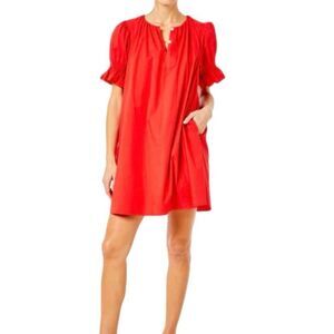 Addison Bay Red Cotton Poplin Newport Shift Dress Puff Sleeves Pockets